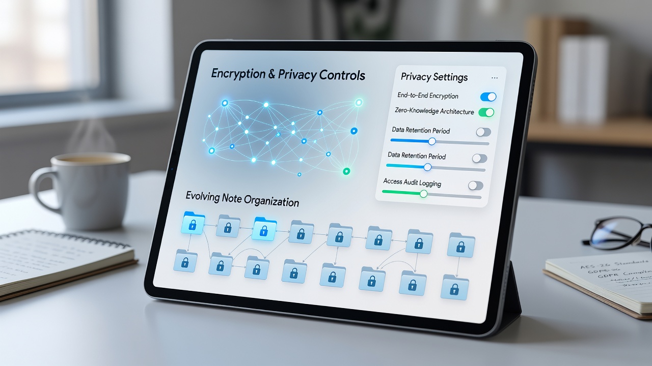 Screenshot of privacy dashboard in a note organization app with encryption toggles and access logs